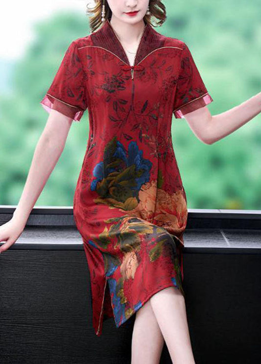 Red Chinese Style Silk Long Dresses Print Side Open Summer Ly1680