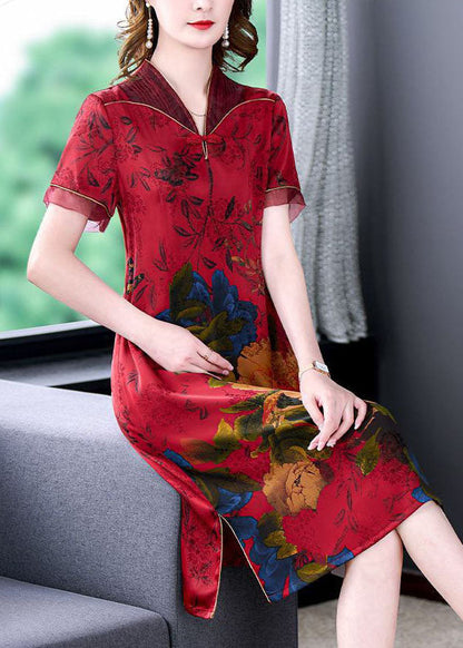 Red Chinese Style Silk Long Dresses Print Side Open Summer Ly1680