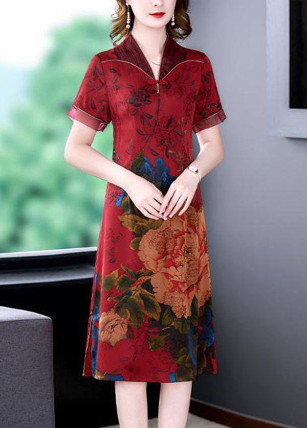 Red Chinese Style Silk Long Dresses Print Side Open Summer Ly1680