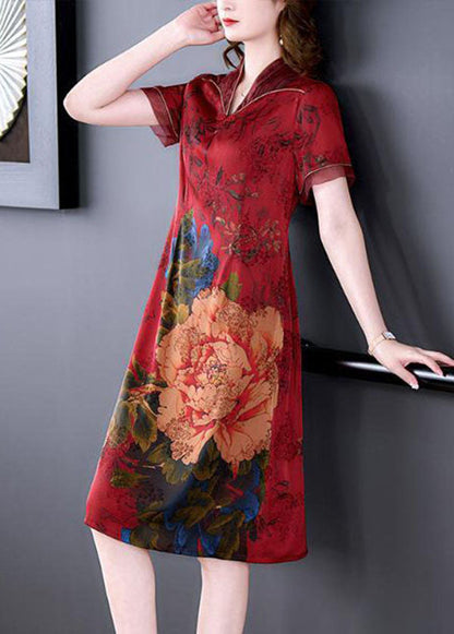 Red Chinese Style Silk Long Dresses Print Side Open Summer Ly1680