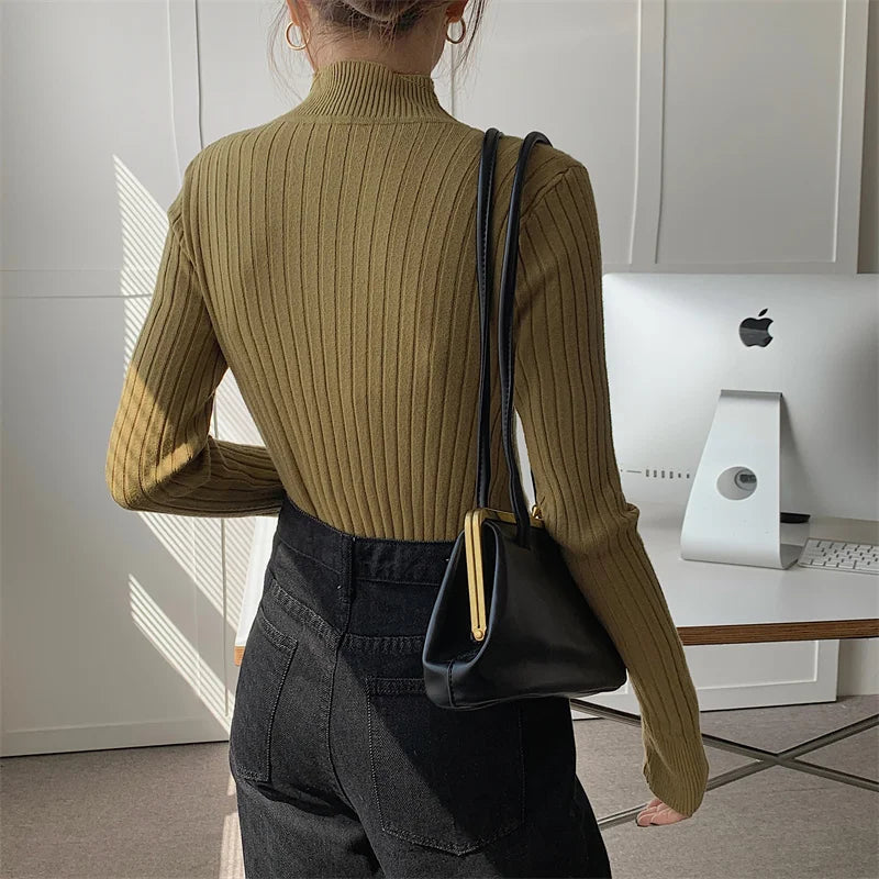 Red Bottoming Spring Basic Stand Long Knitted Sweater