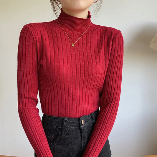 Red Bottoming Spring Basic Stand Long Knitted Sweater