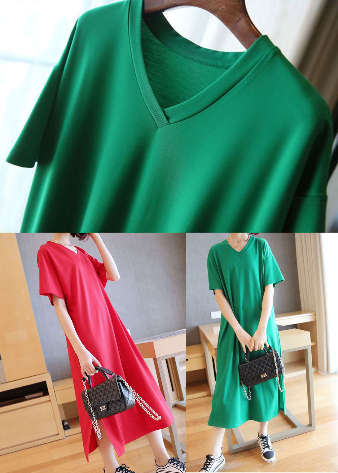 Green V Neck Side Open Cotton Long Dress Summer Ly1447