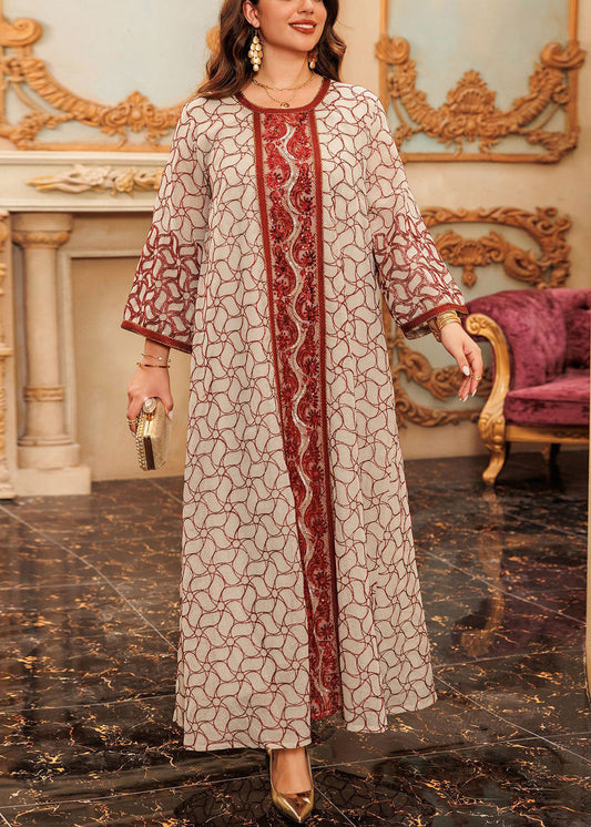 Red Embroidered Patchwork Tulle Fall Maxi Dresses O Neck Ql019