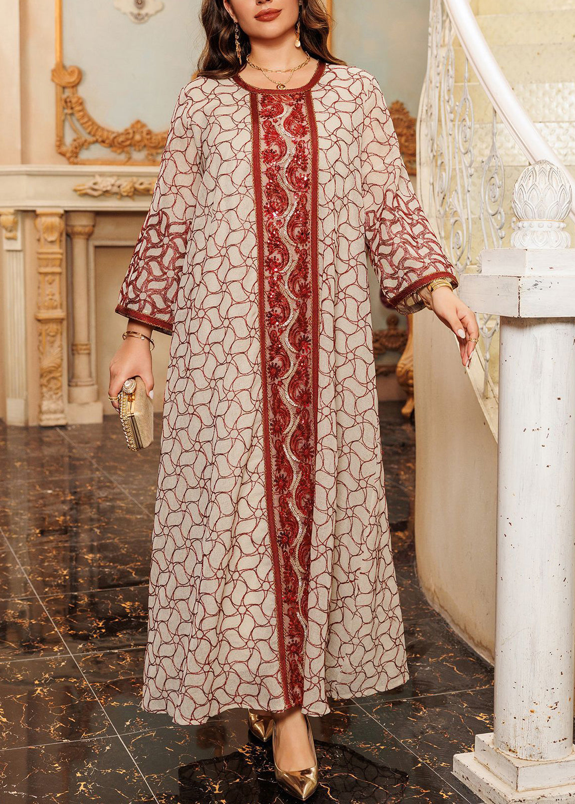 Red Embroidered Patchwork Tulle Fall Maxi Dresses O Neck Ql019