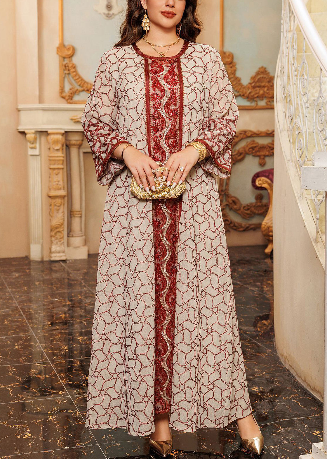 Red Embroidered Patchwork Tulle Fall Maxi Dresses O Neck Ql019