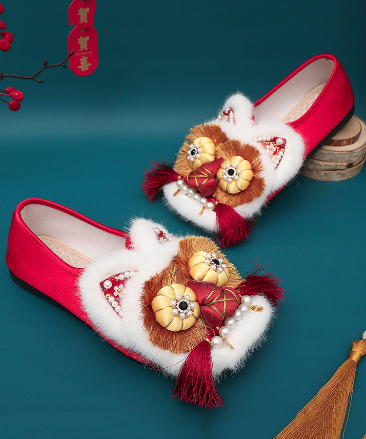Red Flat Shoes Splicing Handmade Embroidery Nail Bead Tq044