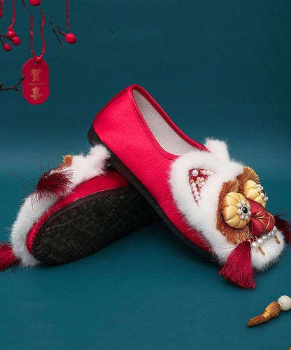 Red Flat Shoes Splicing Handmade Embroidery Nail Bead Tq044