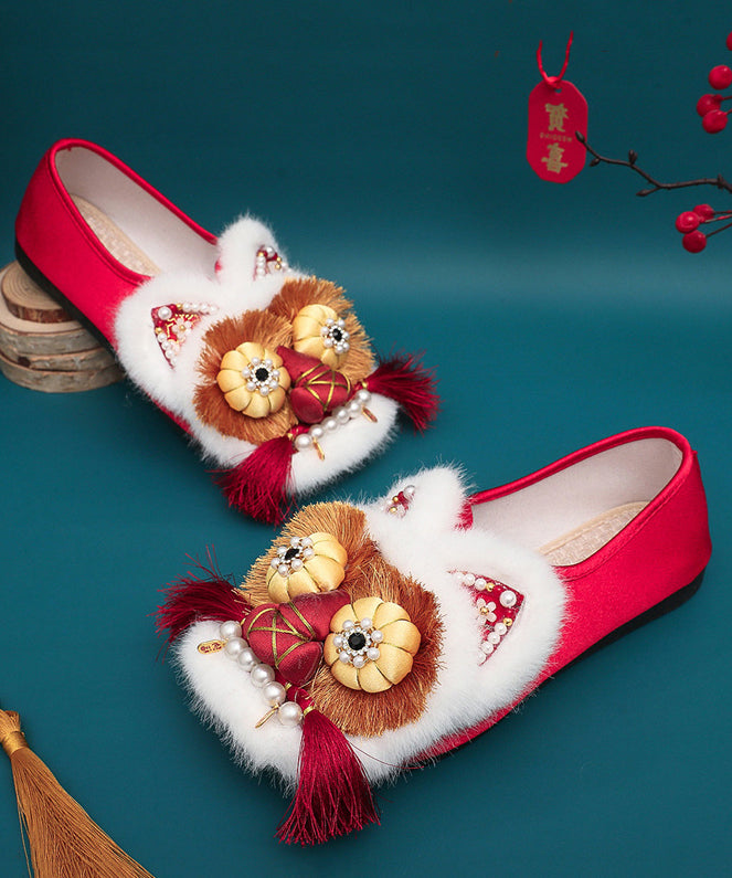 Red Flat Shoes Splicing Handmade Embroidery Nail Bead Tq044