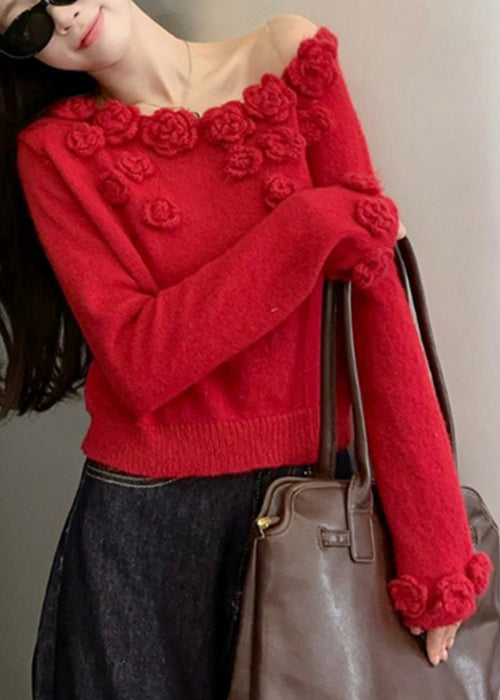 Red Patchwork Knit Sweater Asymmetrical Winter Wx023