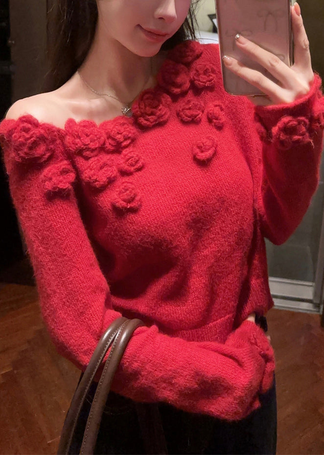 Red Patchwork Knit Sweater Asymmetrical Winter Wv006