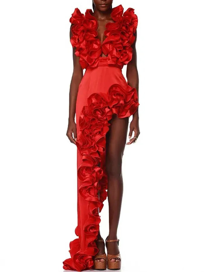 Frilled V Neck One Piece Swimsuit and Skirt