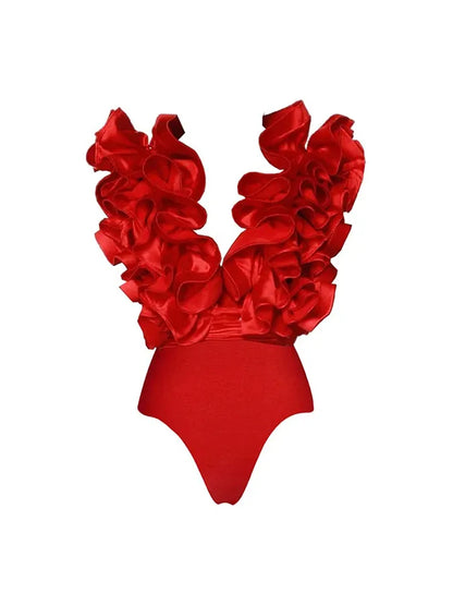 Frilled V Neck One Piece Swimsuit and Skirt