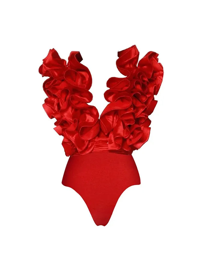 Frilled V Neck One Piece Swimsuit and Skirt