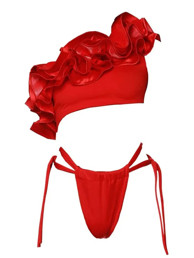 Frilled V Neck One Piece Swimsuit and Skirt