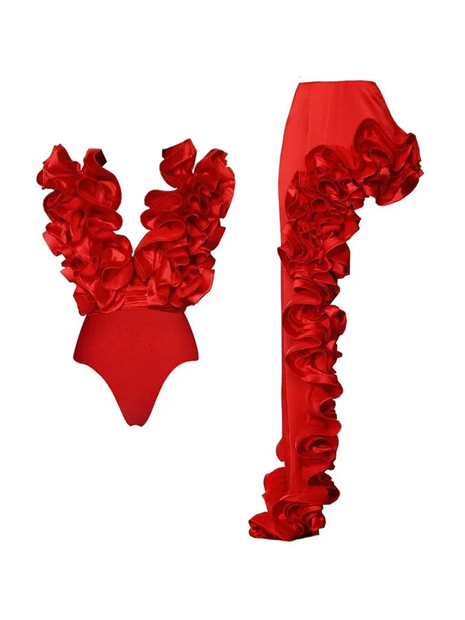 Frilled V Neck One Piece Swimsuit and Skirt