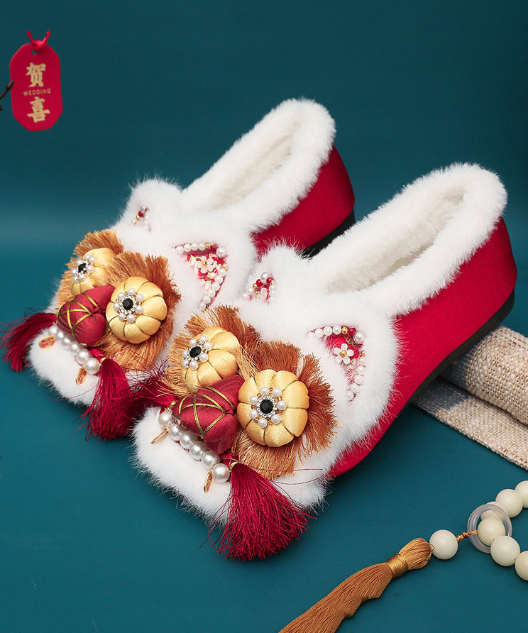 Red Fuzzy Wool Lined Tassel Nail Bead Splicing Flat Feet Shoes Tq043
