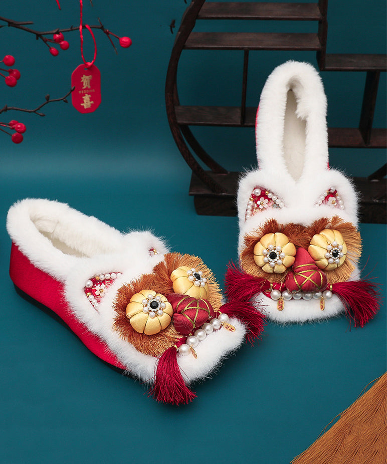 Red Fuzzy Wool Lined Tassel Nail Bead Splicing Flat Feet Shoes Tq043
