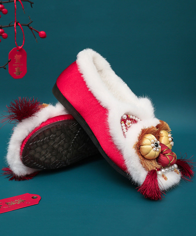 Red Fuzzy Wool Lined Tassel Nail Bead Splicing Flat Feet Shoes Tq043