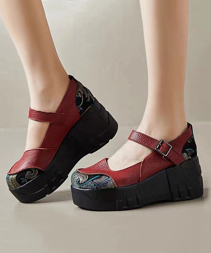 Red High Wedge Heels Shoes Splicing Buckle Strap Cz1016