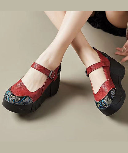 Red High Wedge Heels Shoes Splicing Buckle Strap Cz1016