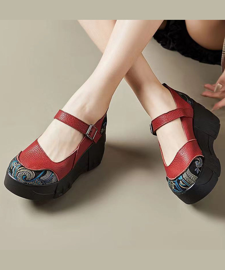 Red High Wedge Heels Shoes Splicing Buckle Strap Cz1016