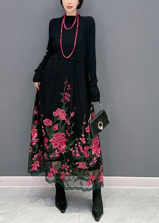 Red Knit Patchwork Tulle Long Dress Embroideried Spring Ly1582