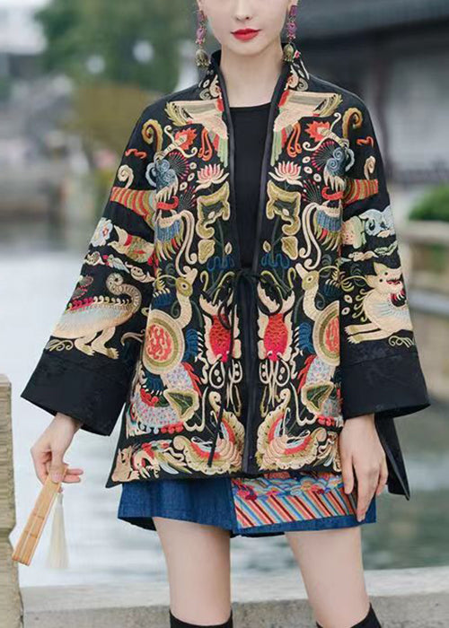 Red Lace Up Embroidered Silk Coats V Neck Long Sleeve Qa1081