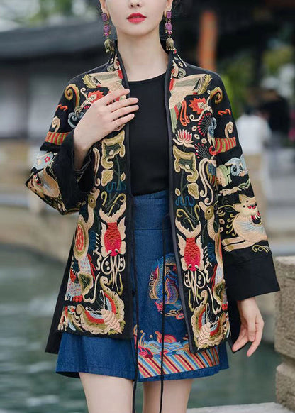 Red Lace Up Embroidered Silk Coats V Neck Long Sleeve Qa1081