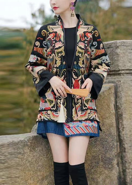 Red Lace Up Embroidered Silk Coats V Neck Long Sleeve Qa1081