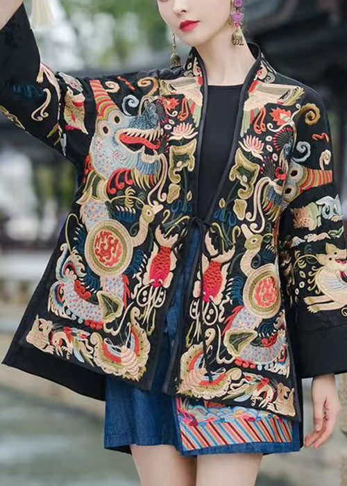 Red Lace Up Embroidered Silk Coats V Neck Long Sleeve Qa1081