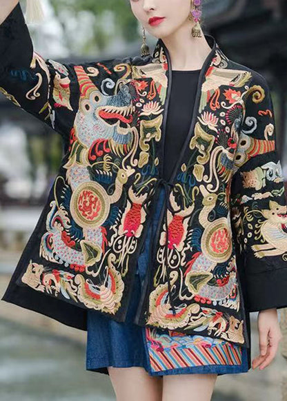 Red Lace Up Embroidered Silk Coats V Neck Long Sleeve Qa1081