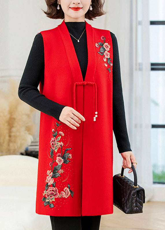 Red Long Wool Knit Waistcoat Embroidered Sleeveless Ta028