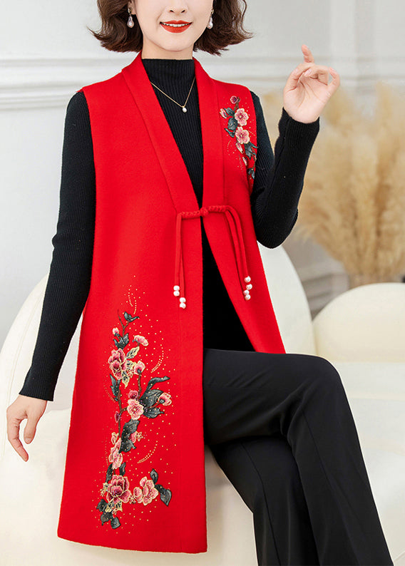 Red Long Wool Knit Waistcoat Embroidered Sleeveless Ta028