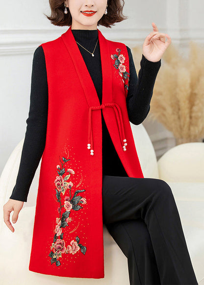 Red Long Wool Knit Waistcoat Embroidered Sleeveless Ta028