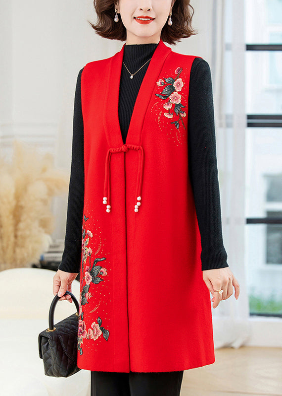 Red Long Wool Knit Waistcoat Embroidered Sleeveless Ta028
