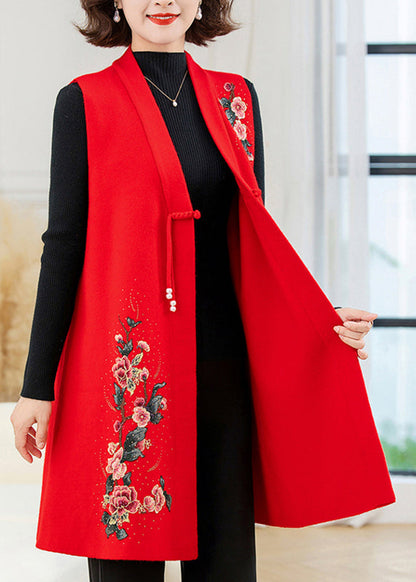 Red Long Wool Knit Waistcoat Embroidered Sleeveless Ta028
