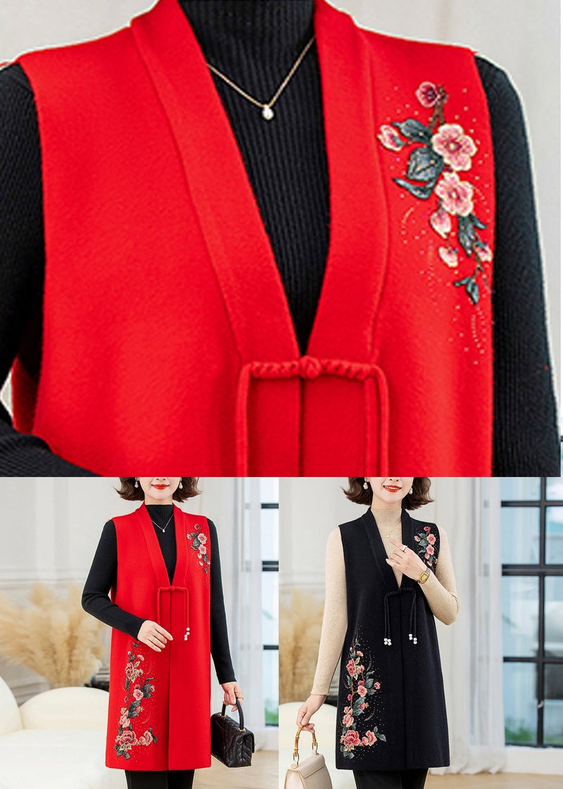 Red Long Wool Knit Waistcoat Embroidered Sleeveless Ta028