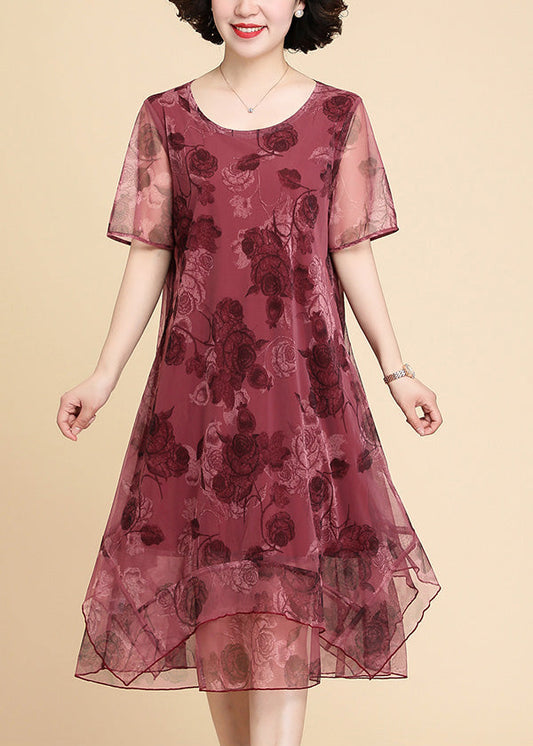 Red O-neck Asymmetrical Long Dresses Short Sleeve Ly1711
