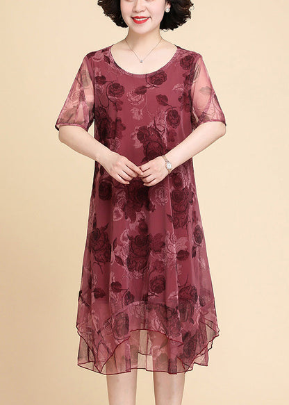 Red O-neck Asymmetrical Long Dresses Short Sleeve Ly1711