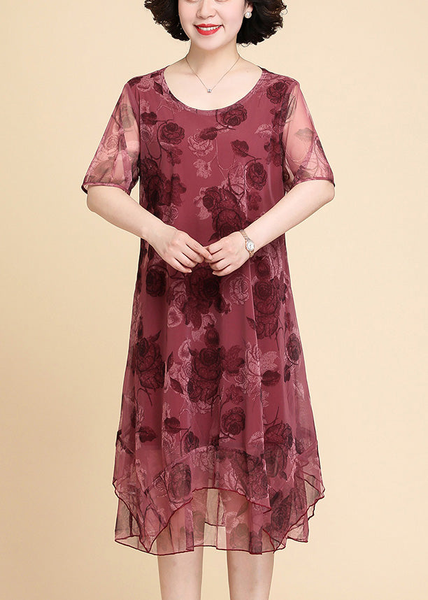 Red O-neck Asymmetrical Long Dresses Short Sleeve Ly1711