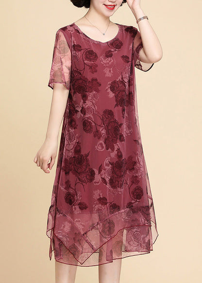 Red O-neck Asymmetrical Long Dresses Short Sleeve Ly1711