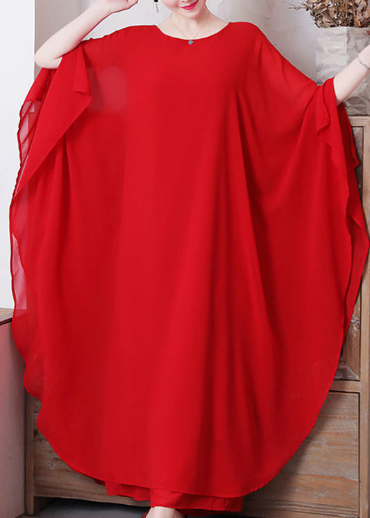 Red O-neck Chiffon Maxi Dress and Wide Leg Pants Two Pieces Set Long Sleeve Ly1696