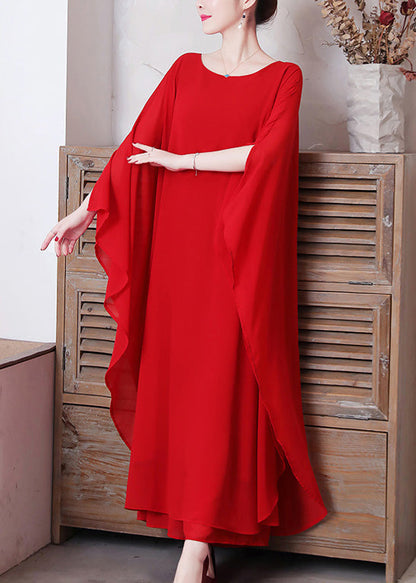 Red O-neck Chiffon Maxi Dress and Wide Leg Pants Two Pieces Set Long Sleeve Ly1696