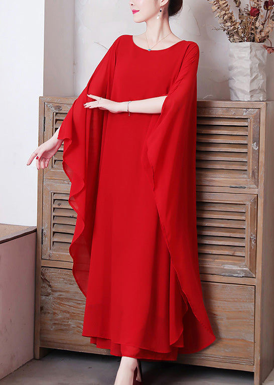Red O-neck Chiffon Maxi Dress and Wide Leg Pants Two Pieces Set Long Sleeve Ly1696