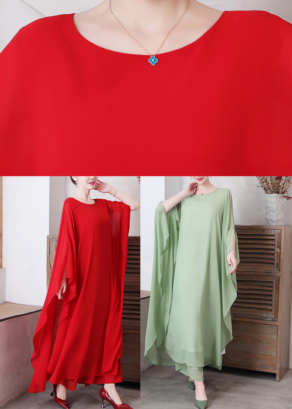 Pea Green Asymmetrical Chiffon Long Dress and Wide Leg Pants Two Pieces Set Spring Ly1736