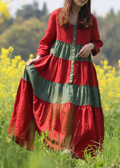 Red O-neck Wrinkled Patchwork Long Dresses Spring Vb1030