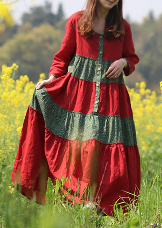 Red O-neck Wrinkled Patchwork Long Dresses Spring Vb1030