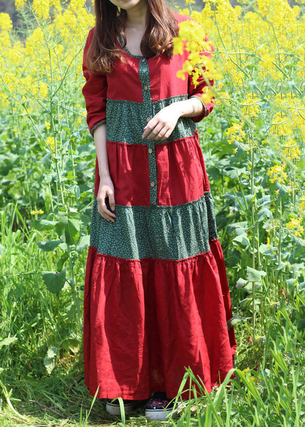 Red O-neck Wrinkled Patchwork Long Dresses Spring Vb1030