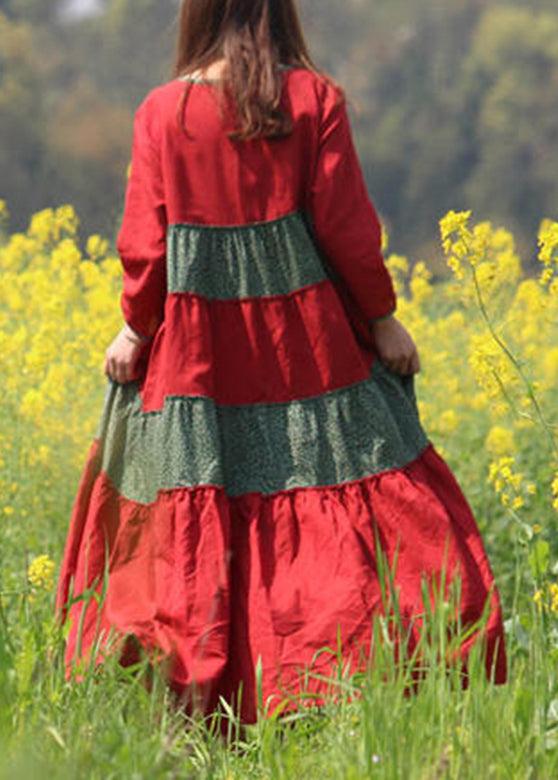 Red O-neck Wrinkled Patchwork Long Dresses Spring Vb1030